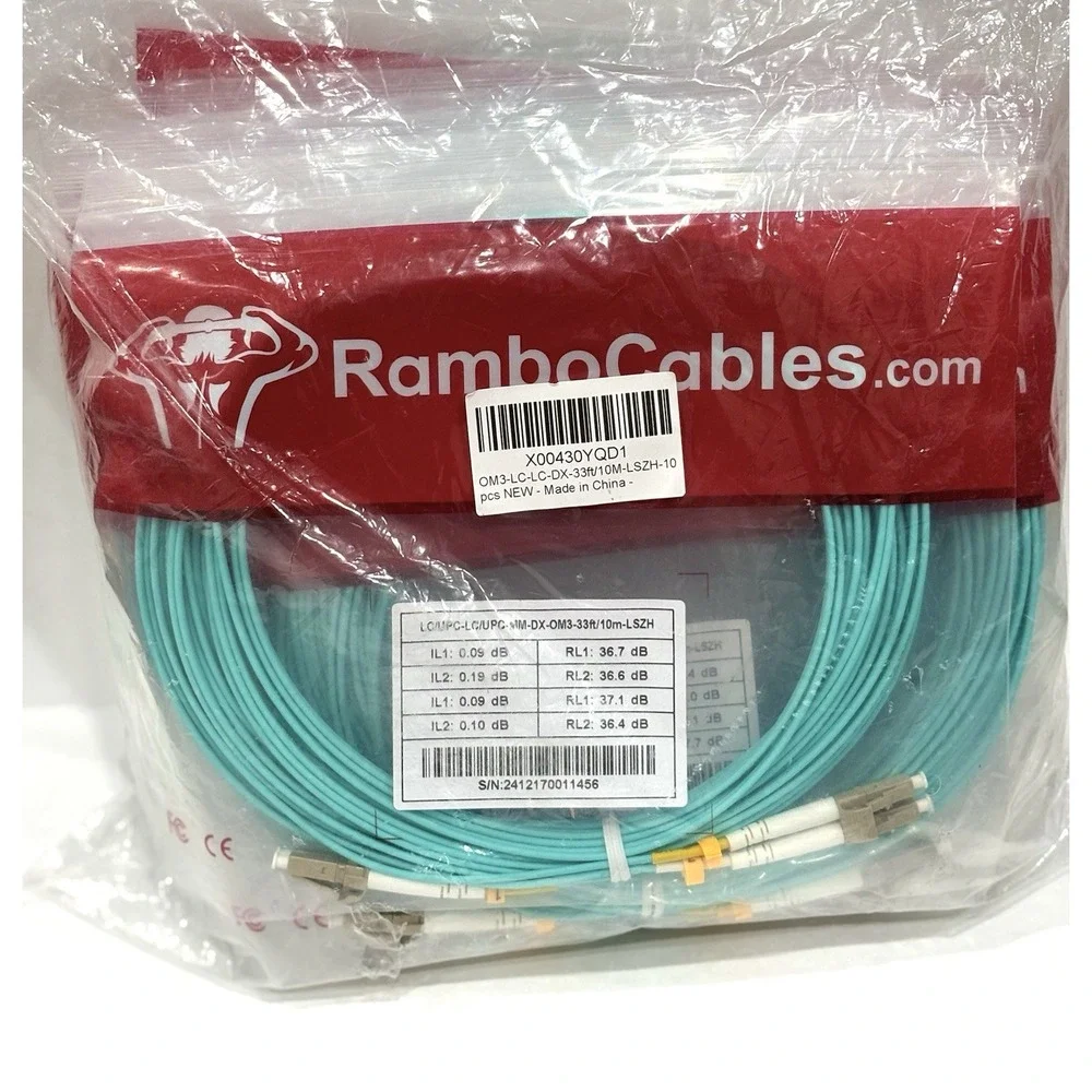Lot of 10 RamboCables LC/UPC Duplex OM3 Multimode Fiber Cable 33ft 10m LSZH New